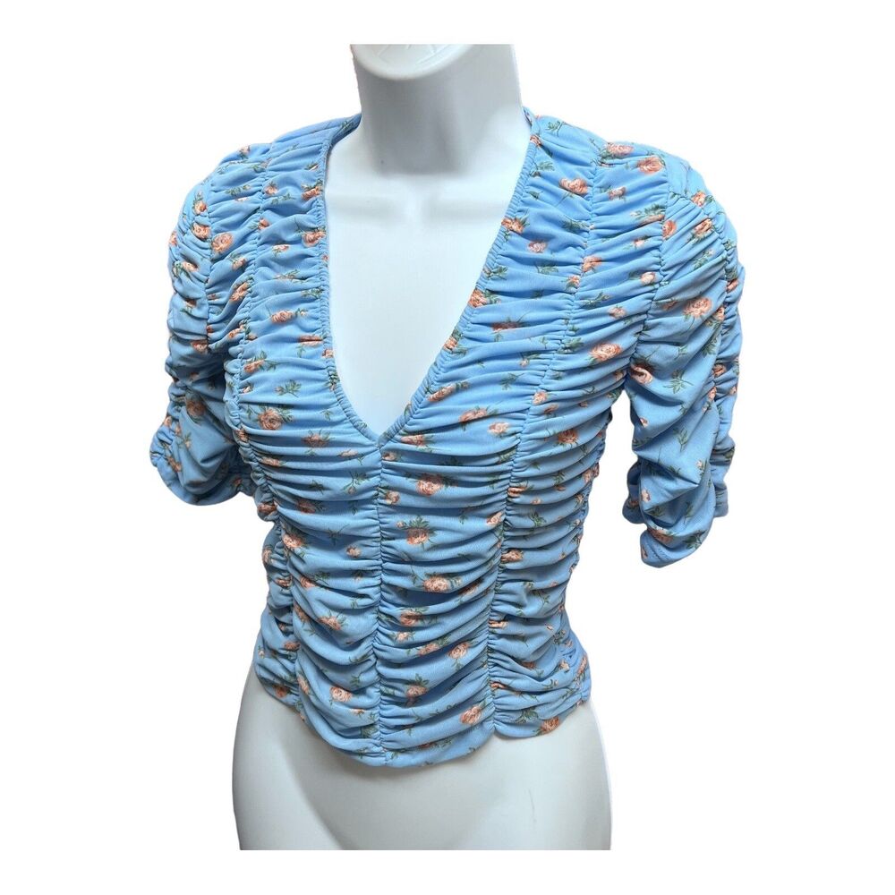 ZARA Blouse Blue Floral Tulle Ruched Cropped Feminine - Picture 12 of 13